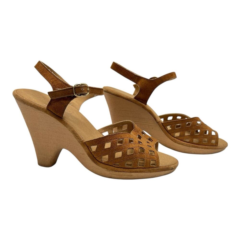 Y2K Womens Basket Wedge Clog Sandals Sz 6 Camel Brown Boho Hippie Faux‎ Suede